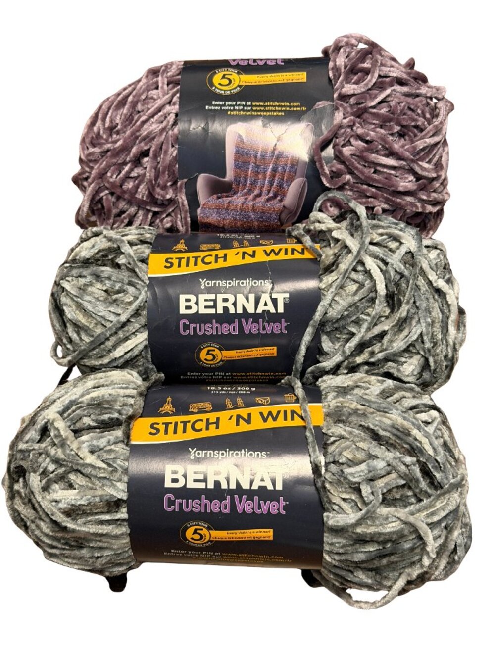 Bundle of 3 skeins Bernat Crushed Velvet Yarn by Yarnspirations / Purple & Gray